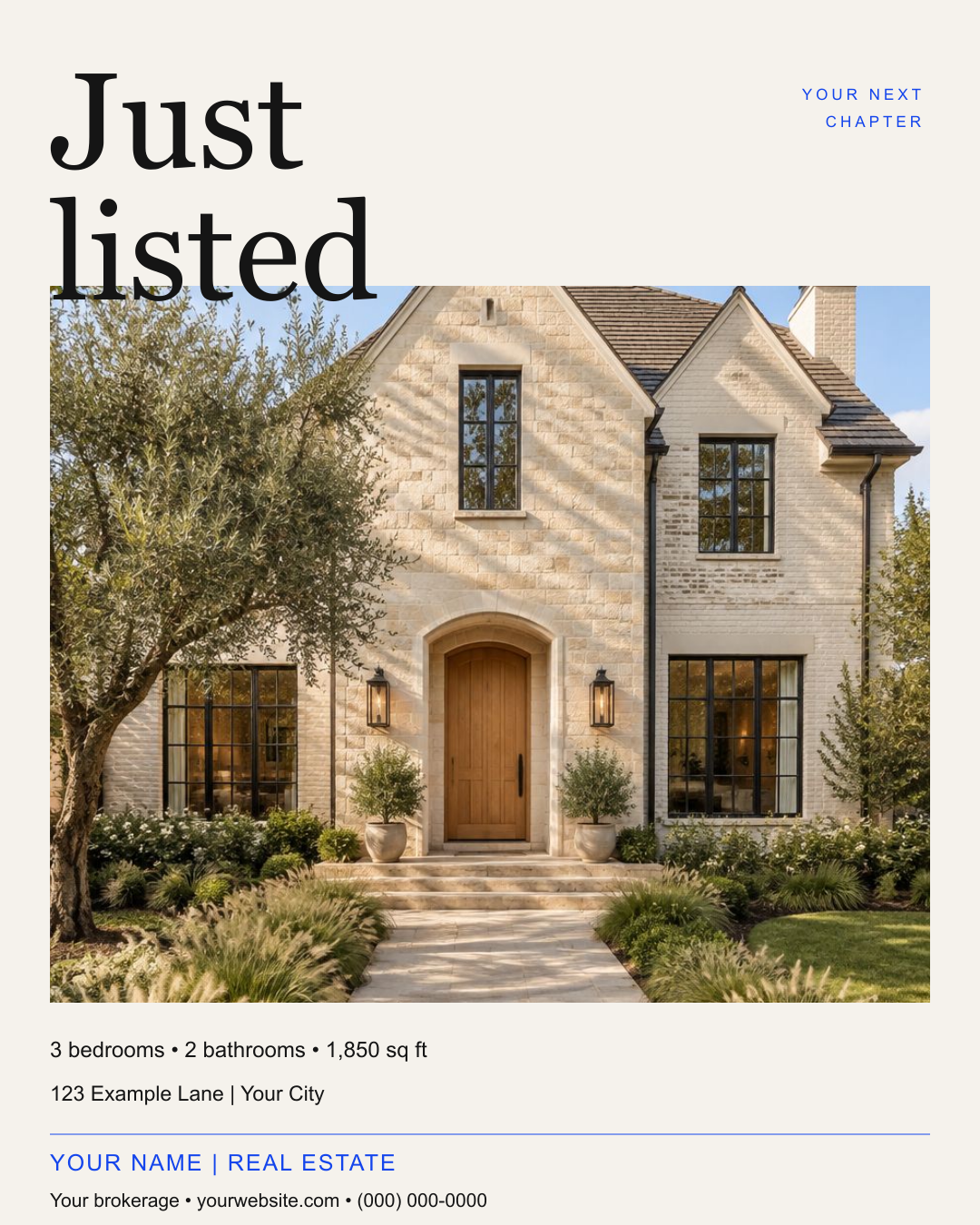 Actual Just Listed template with photographic property imagery and editorial typography